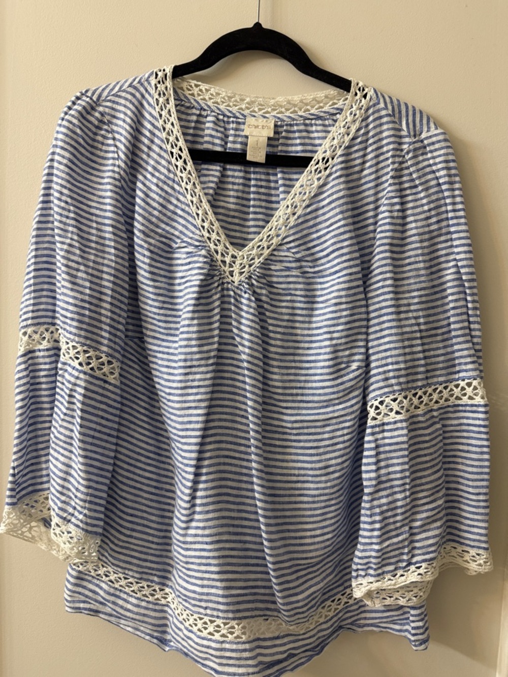 Chico's Blue & White Striped Crochet-Trim V-Neck Tunic